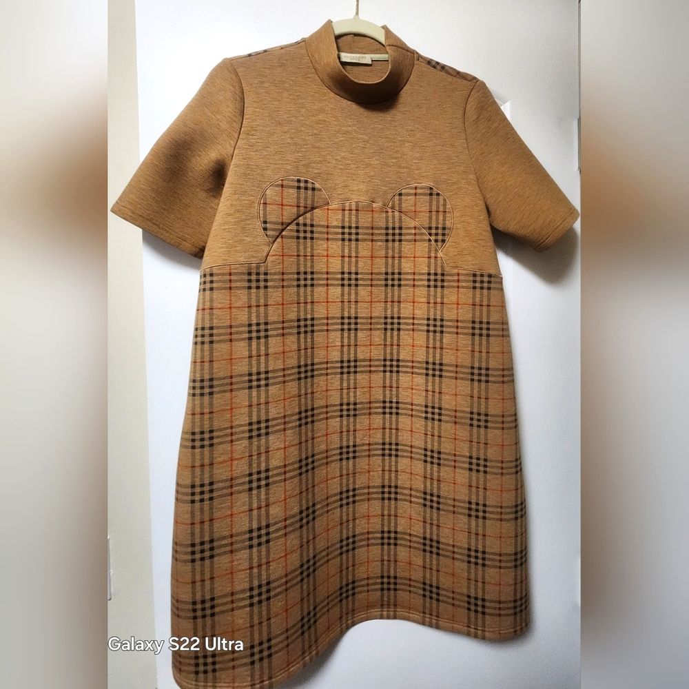 Burberry Brown A-Line Dress Short Sleeve Mock Neck